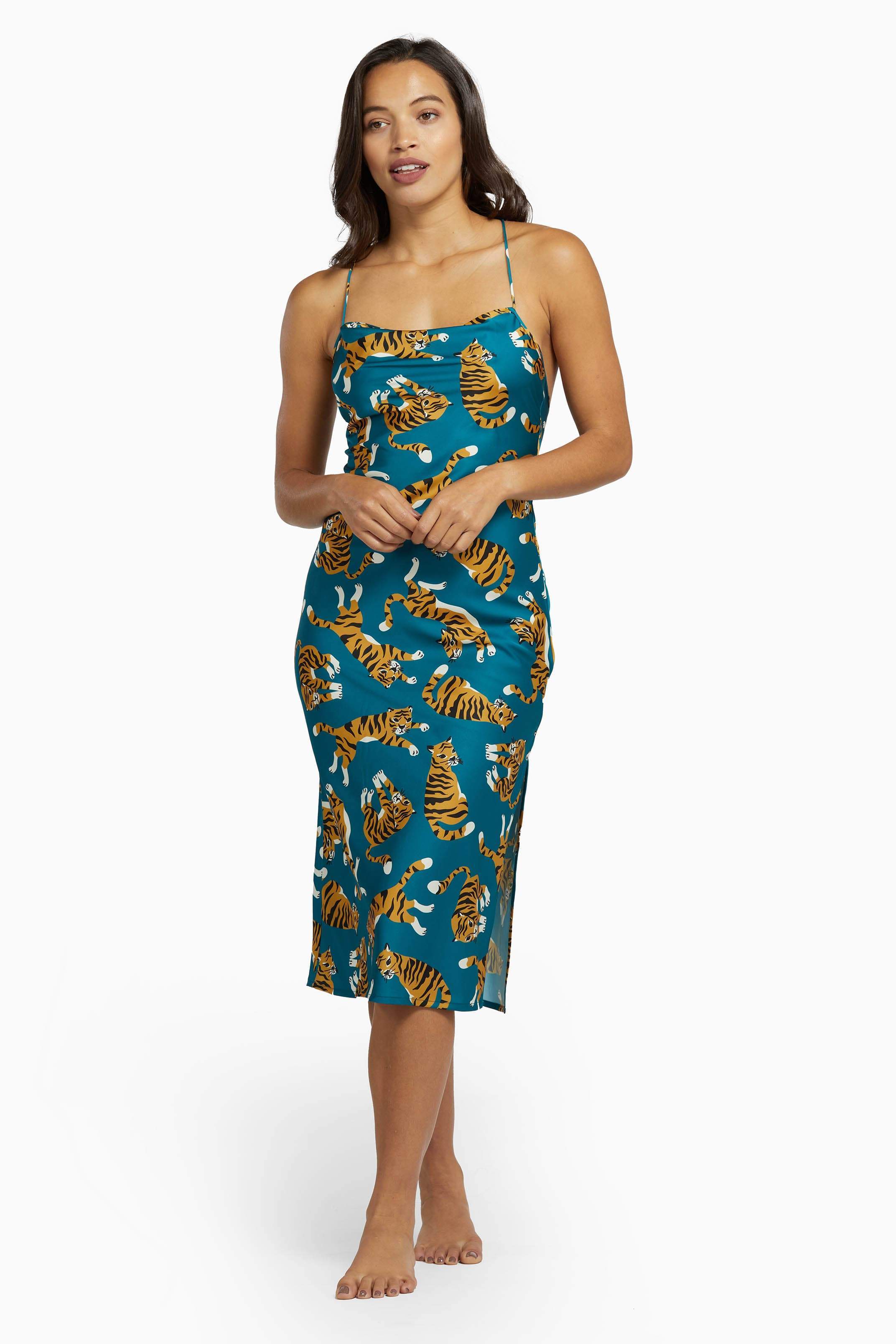 Kilo Brava EXCLUSIVE Teal Tiger Satin Cowl Midi Slip Dress