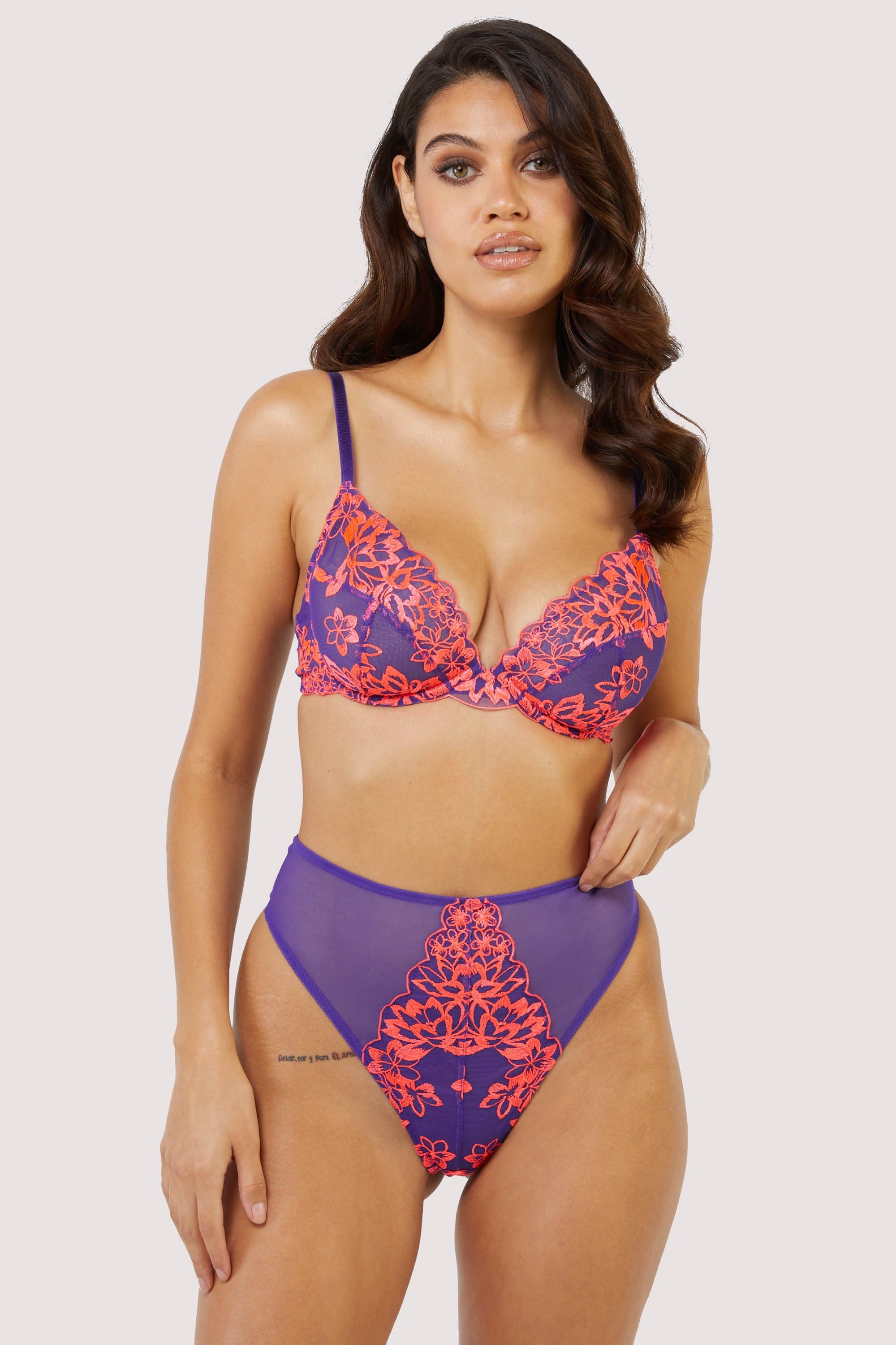 Ada Purple and Neon Pink Blossom Plunge Bra