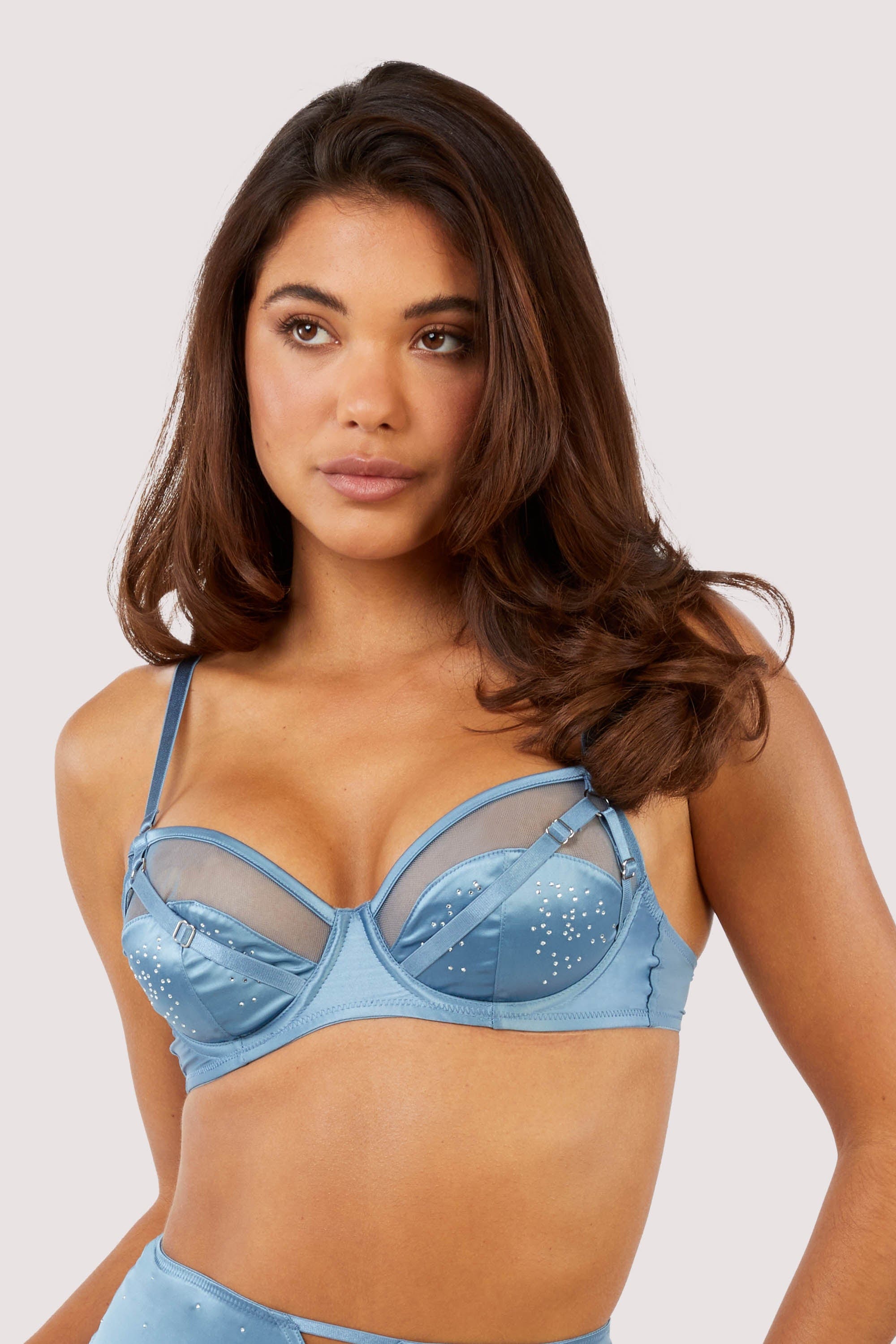 Olympia Storm Grey Diamante Mesh and Satin Bra