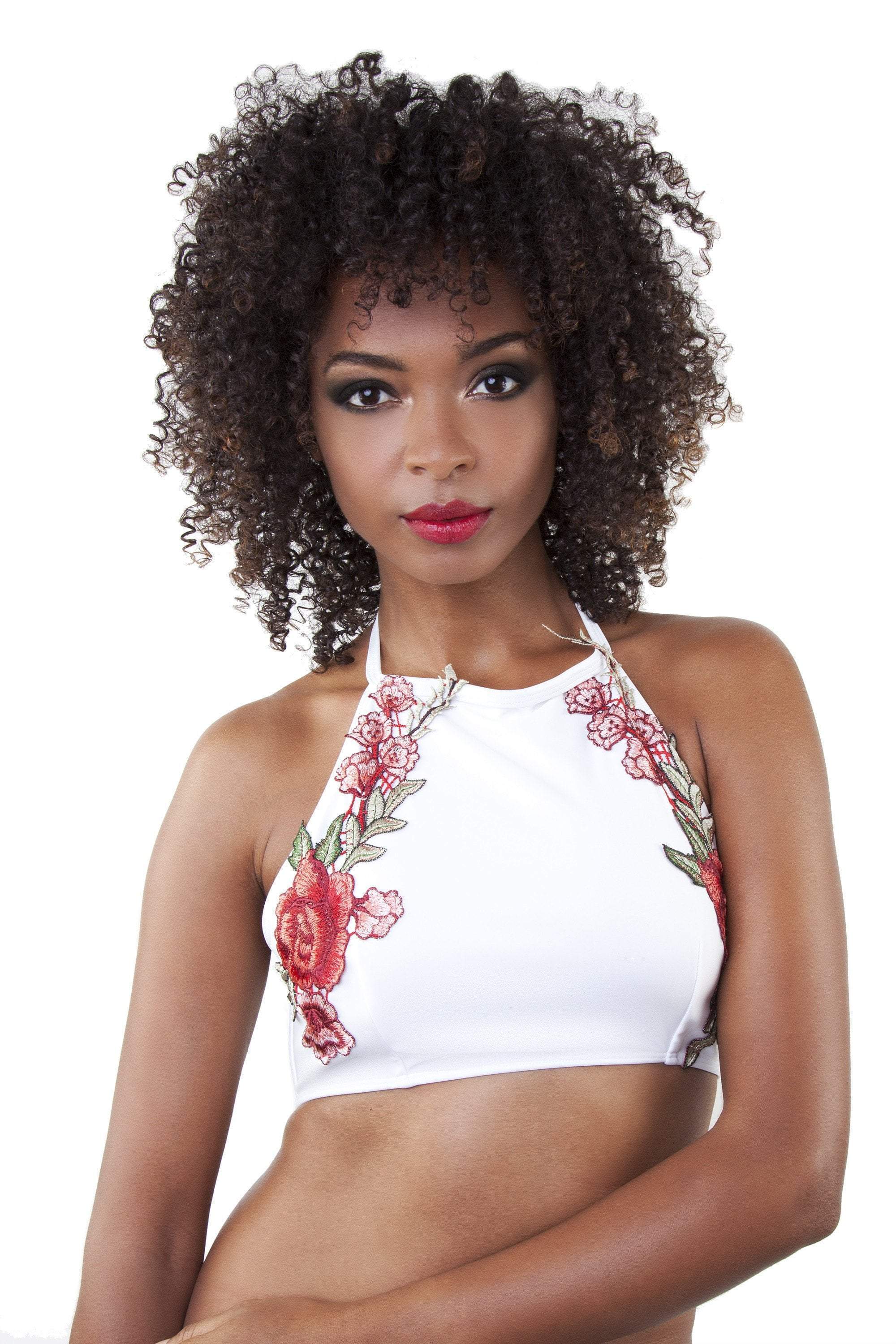 Embroidery High Neck Crop Bikini Top White