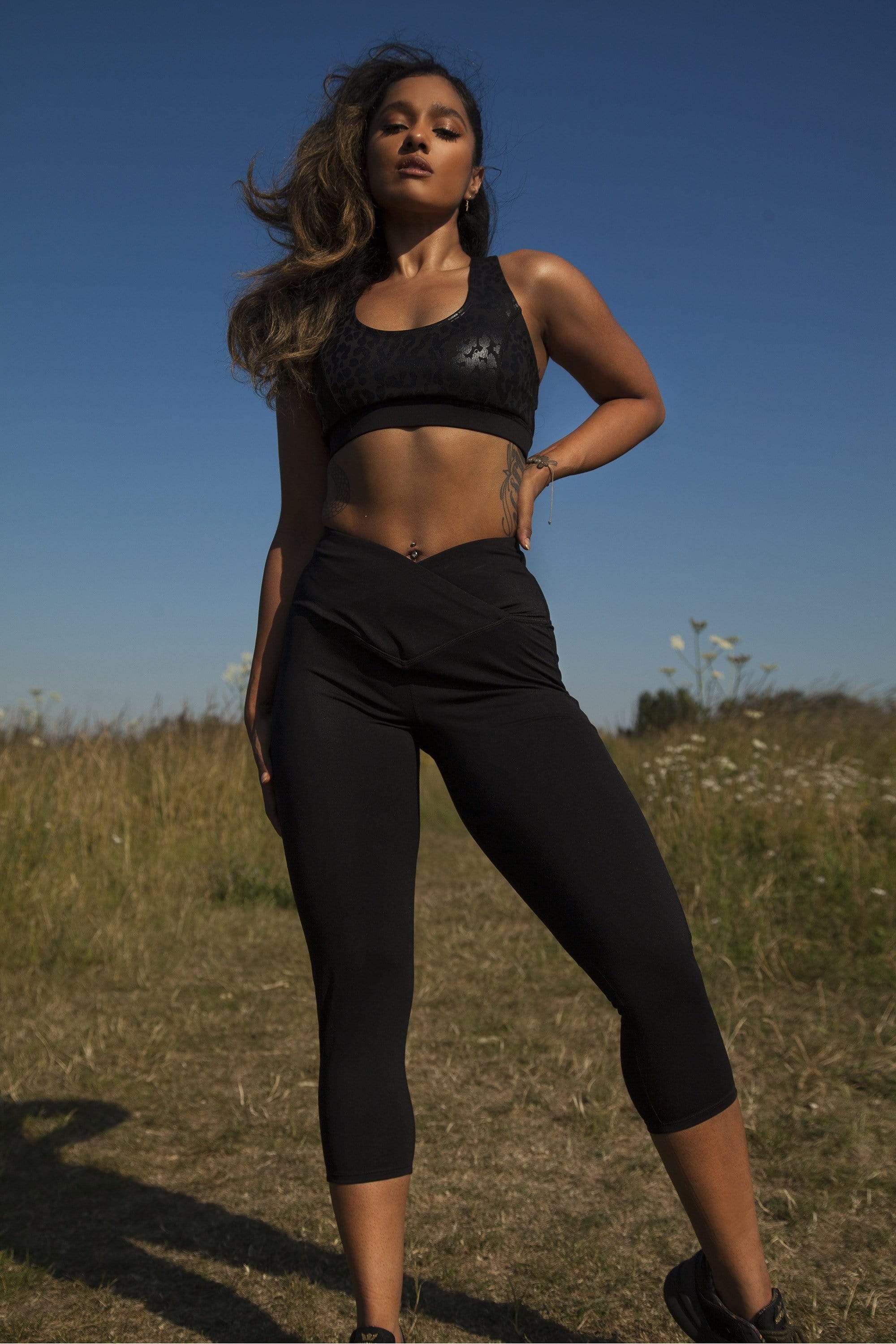 Black Cropped Leggings with Crossover Waistband