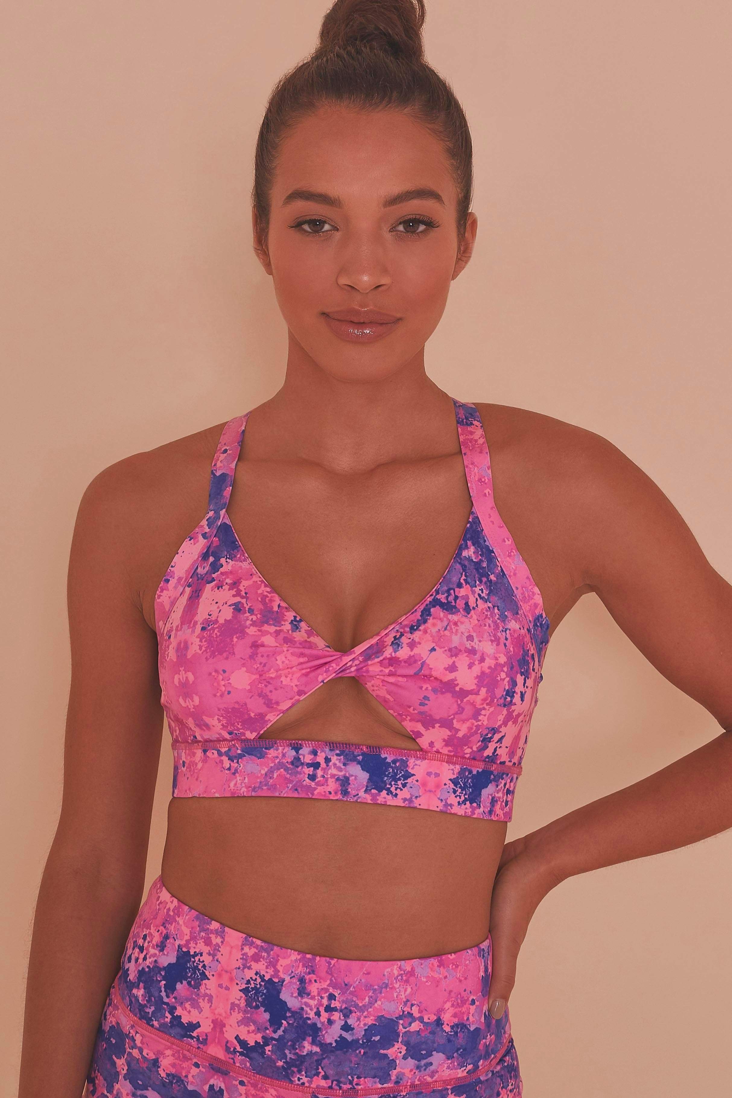 Pink Marble Twist Front Sports Bra