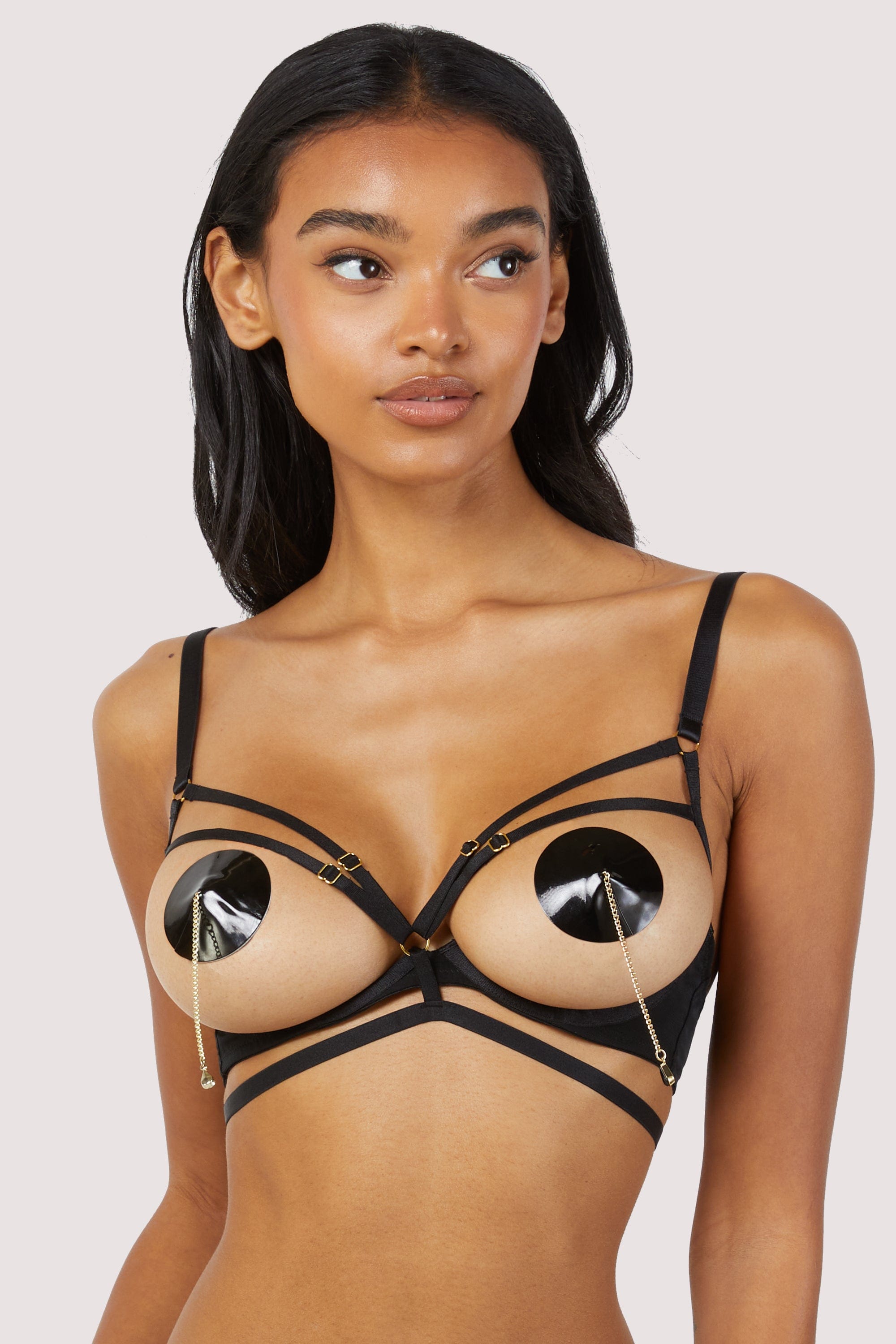 Sarah Black Open Cup Strappy Bra UK 18