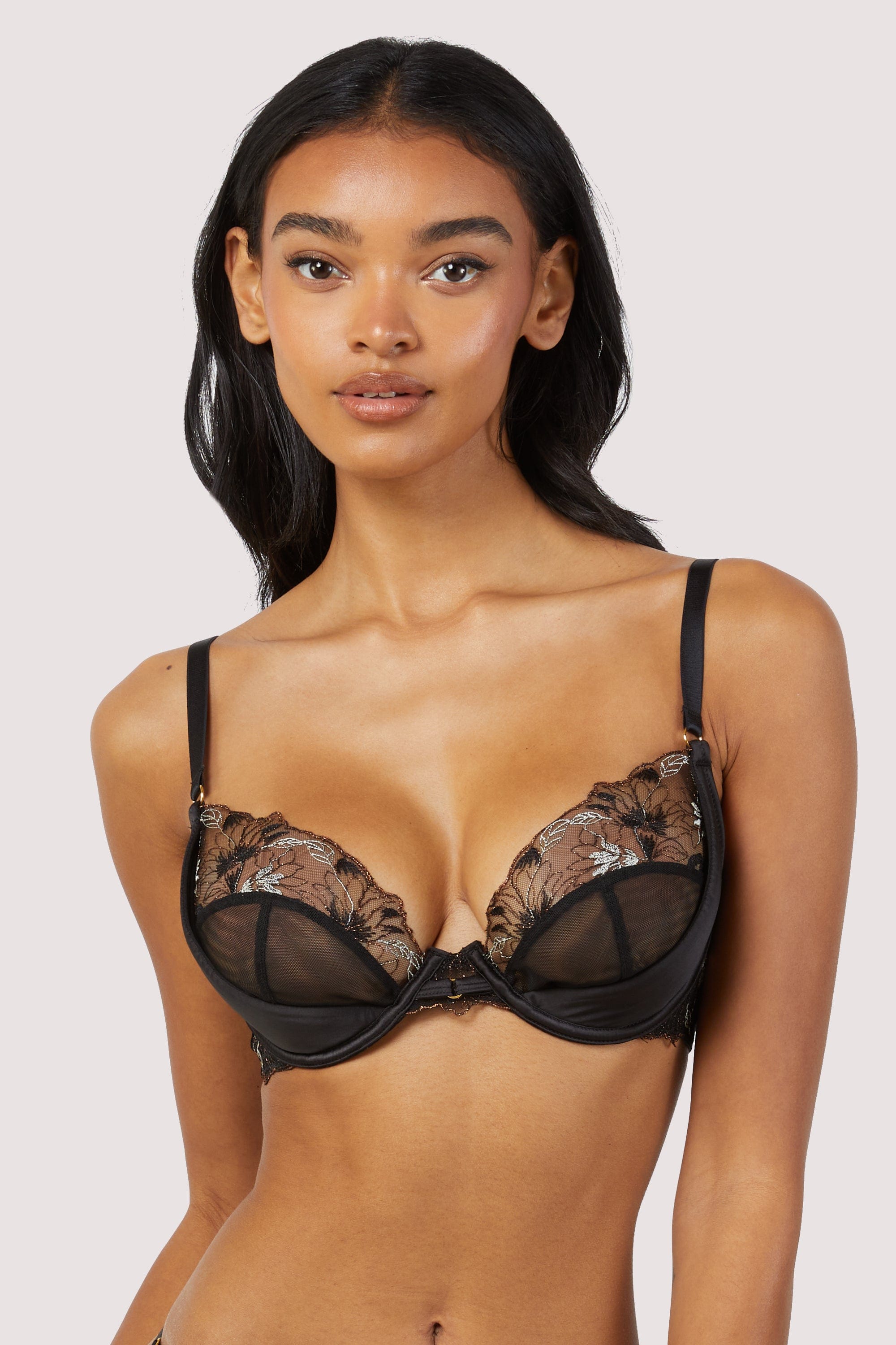 Aria Black and Gold Lace Plunge Bra 32F