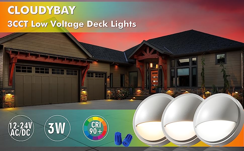 Pack] CloudyBay 3CCT Low Voltage LED Deck Lights Outdoor,2700K/3500K/5000K  Selectable,Landscape Step Stair Railing Fence Light Wired,3W,12V-24V AC/DC Deck  Lighting Fixtures, White – Cloudy Bay Lighting