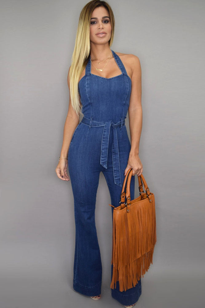 halter denim jumpsuit