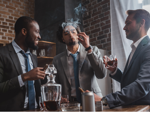 picture of three men dressed in suits drinking bourbon and smoking cigars