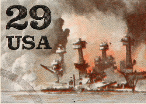 Illustration of the battleships sinking during the attack on pear harbor "29 USA" written the top left corner of the image because it is an illustration for a stamp