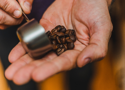 man-scooping-out-roasted-coffee-beans-into-his-hands