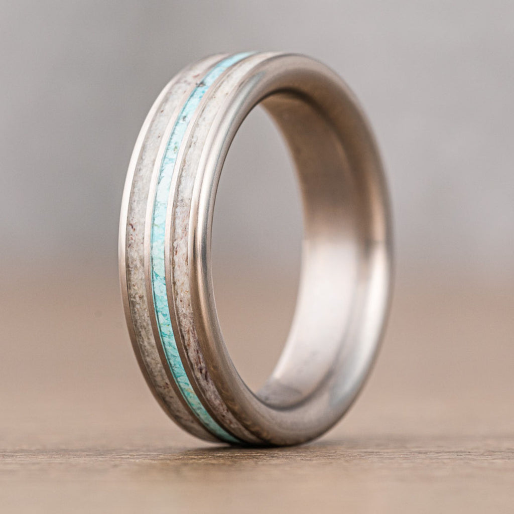 The Huntsman  Men's Titanium Wedding Band with Elk Antler & Turquoise –  Rustic and Main