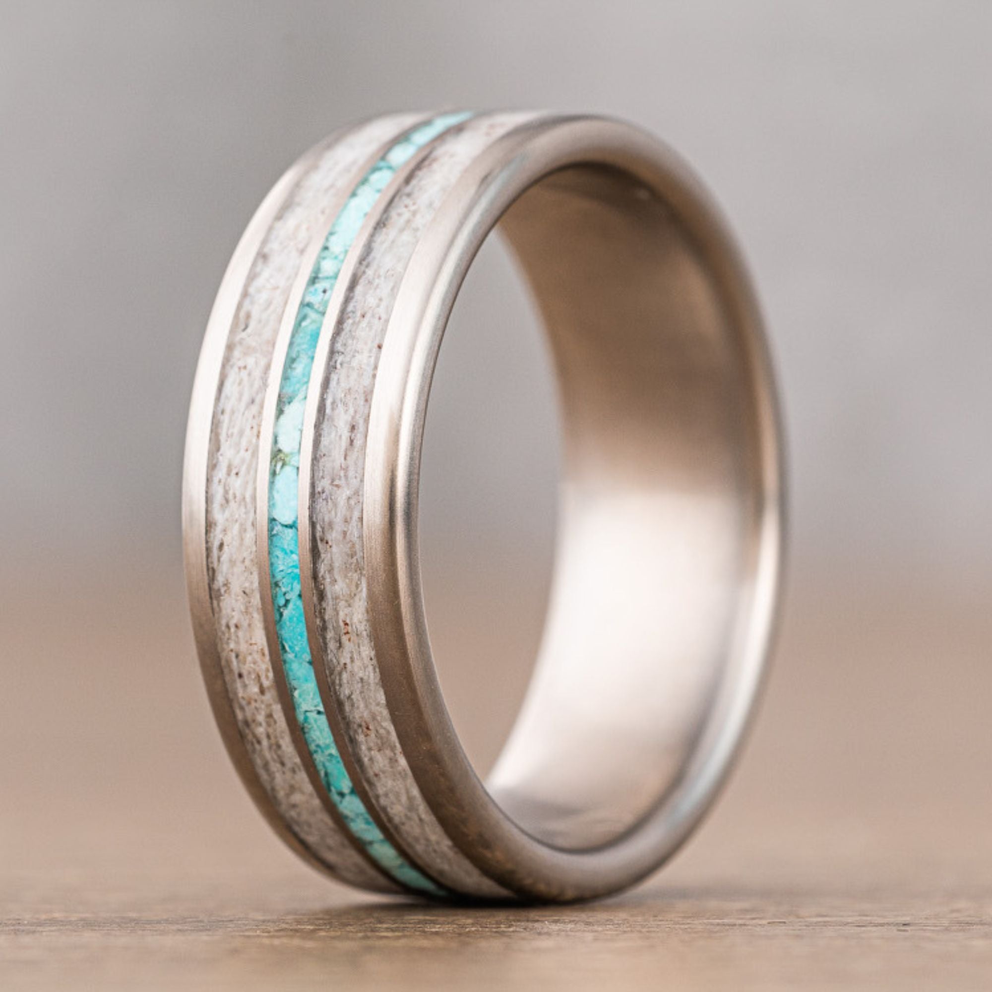 (In-Stock) The Huntsman | Men's Titanium Wedding Band with Elk Antler & Turquoise - Size 10.25 | 8mm Wide