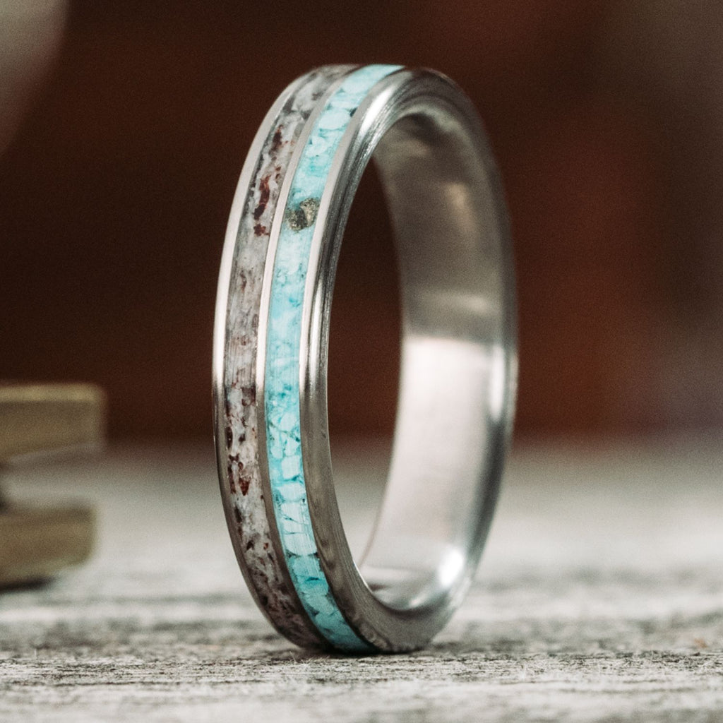 The Huntsman  Men's Titanium Wedding Band with Elk Antler & Turquoise –  Rustic and Main