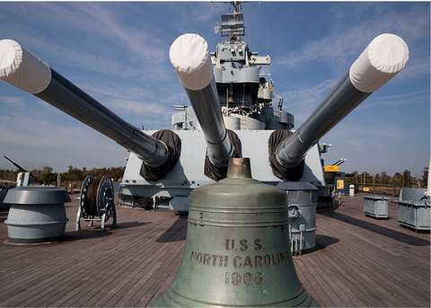 Picture of a battleship on deck looking down the barrel of three heavy artillery guns