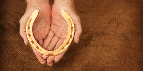 two hands holding a golden horseshoe on a brown background