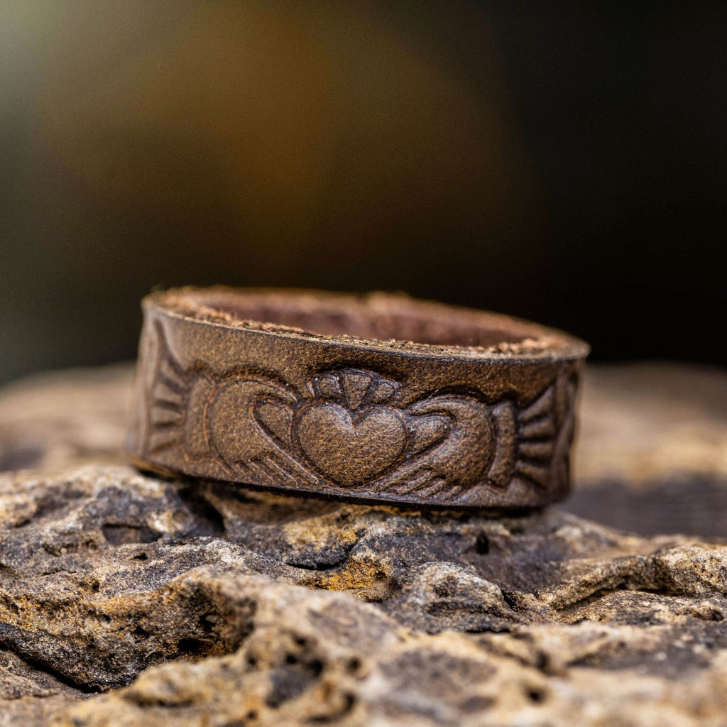 claddagh leather ring dark olive wedding band rustic and