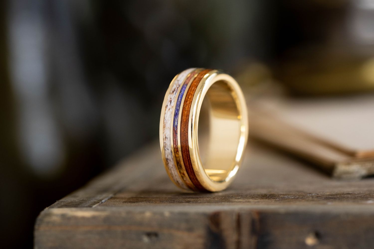 custom-10k-yellow-gold-ring-elk-antler-african-teak-customer-provided-flowers-rustic-and-main