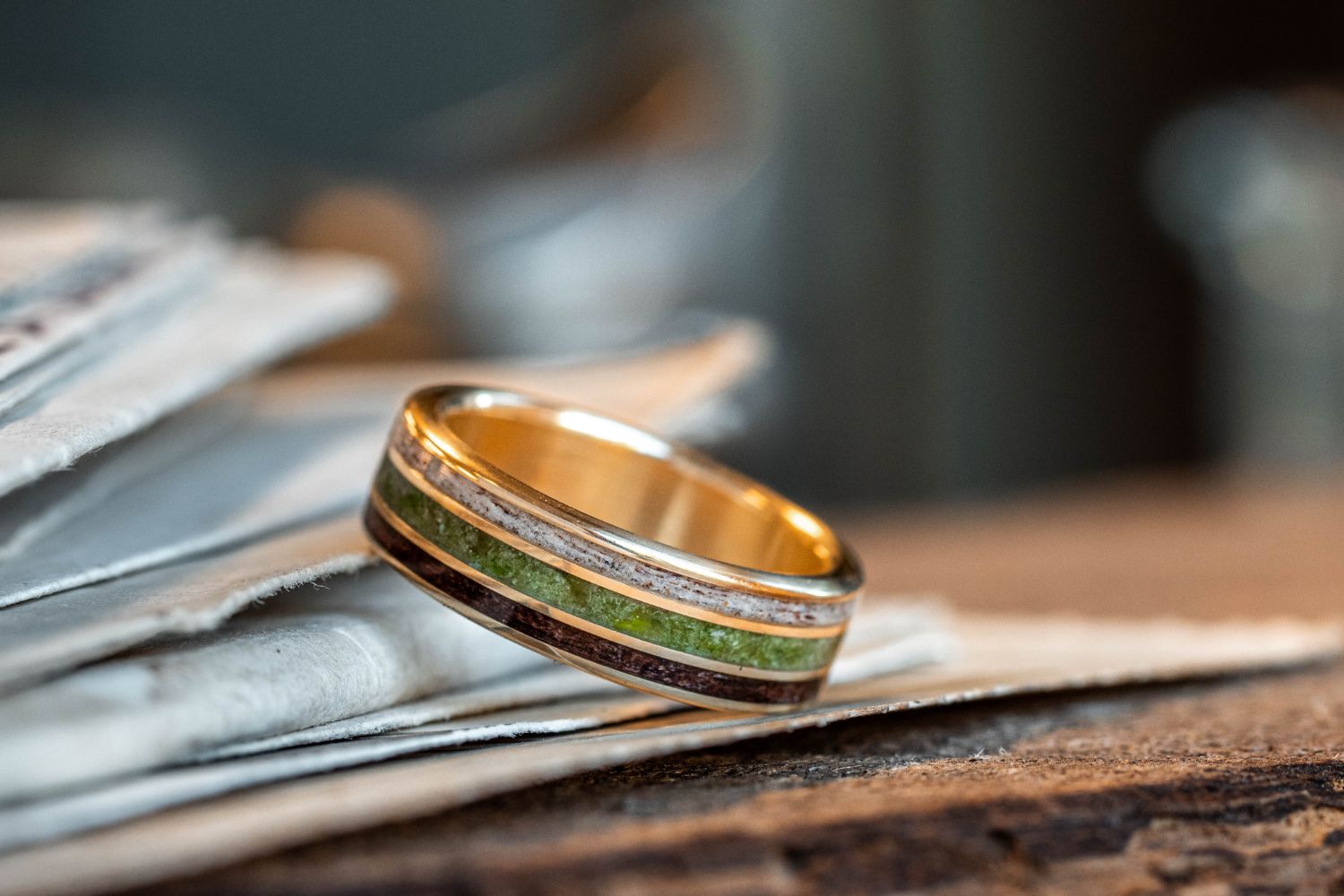 custom-10k-yellow-gold-ring-elk-antler-green-imperial-diopside-gold-flakes-antique-walnut-wood-rustic-and-main
