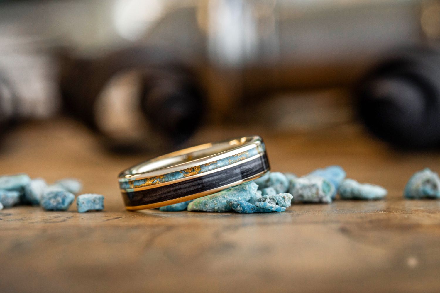 custom-10k-yellow-gold-ring-whiskey-barrel-wood-turquoise-gold-flakes-rustic-and-main