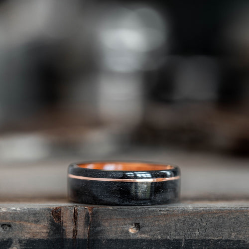 Wooden Ring: Natural Whiskey Barrel with Coffee Inlay – Rustic and Main