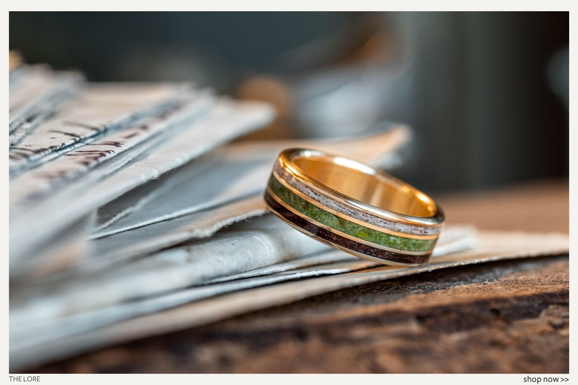 our-favorite-rugged-rustic-wedding-bands-for-him-mens-gold-wedding-band-elk-antler-green-imperial-diopside-antique-walnut-wood-rustic-and-main