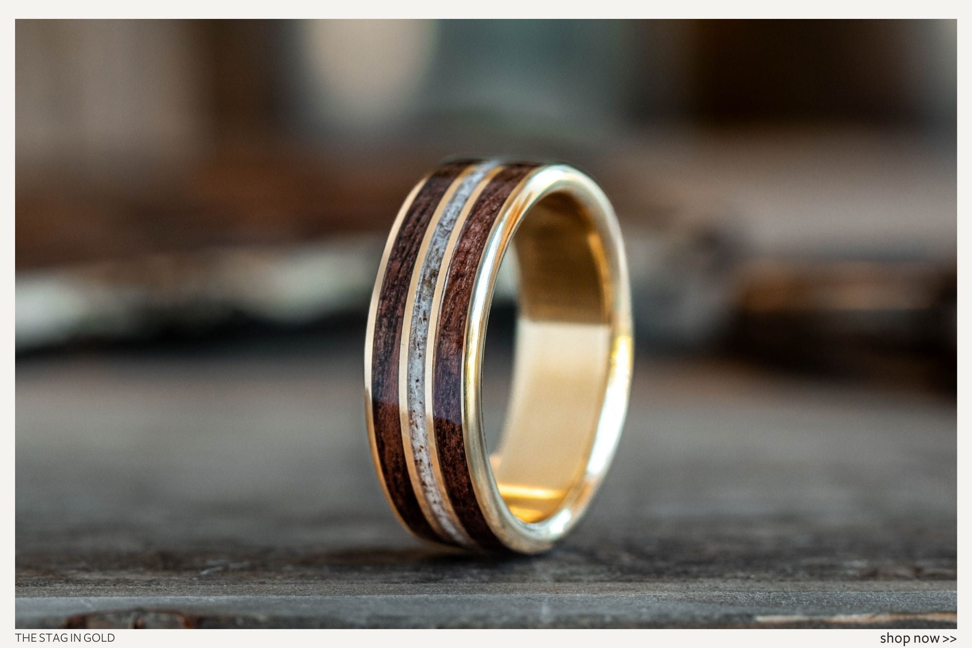 our-favorite-rugged-rustic-wedding-bands-for-him-mens-gold-wedding-band-yellow-gold-elk-antler-walnut-wood-ring-stag-rustic-and-main