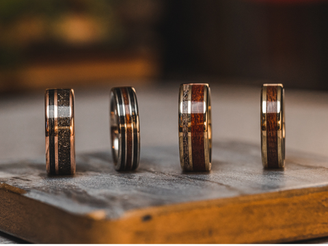 the-differcustom-solid-gold-rings-of-rose-gold-white-gold-yellow-gold-inlaid-with-whiskey-barrel-antique-walnut-elk-antler-meteorite-dust