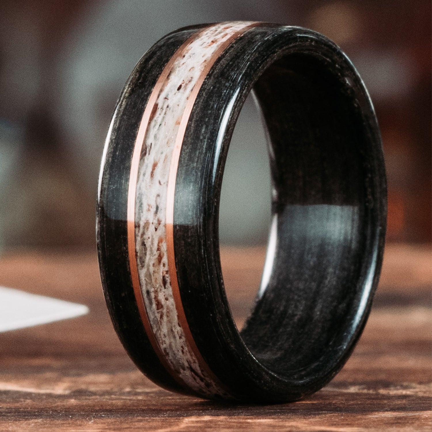 The Frontiersman | Men's Whiskey Barrel & Elk Antler Wedding Band with Dual Metal Inlays