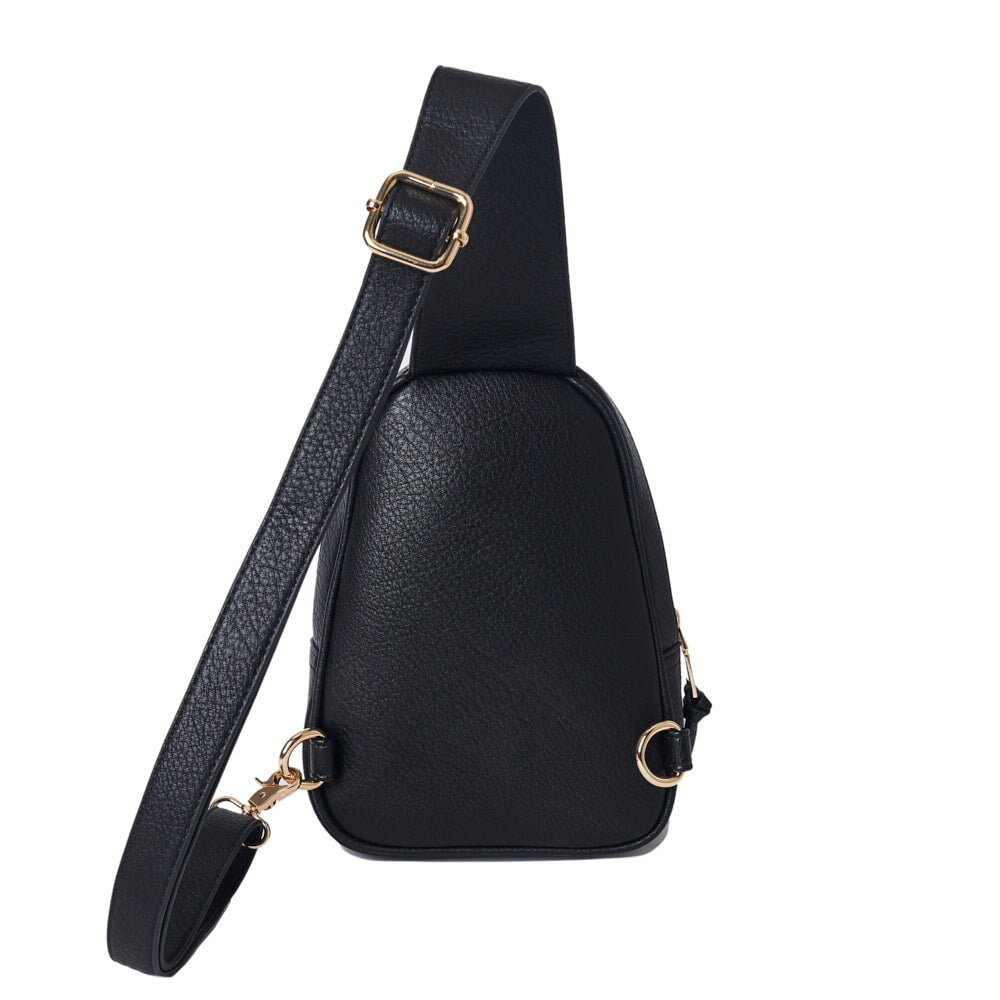 Black Leather Crossbody Bag with Debossed Poppy