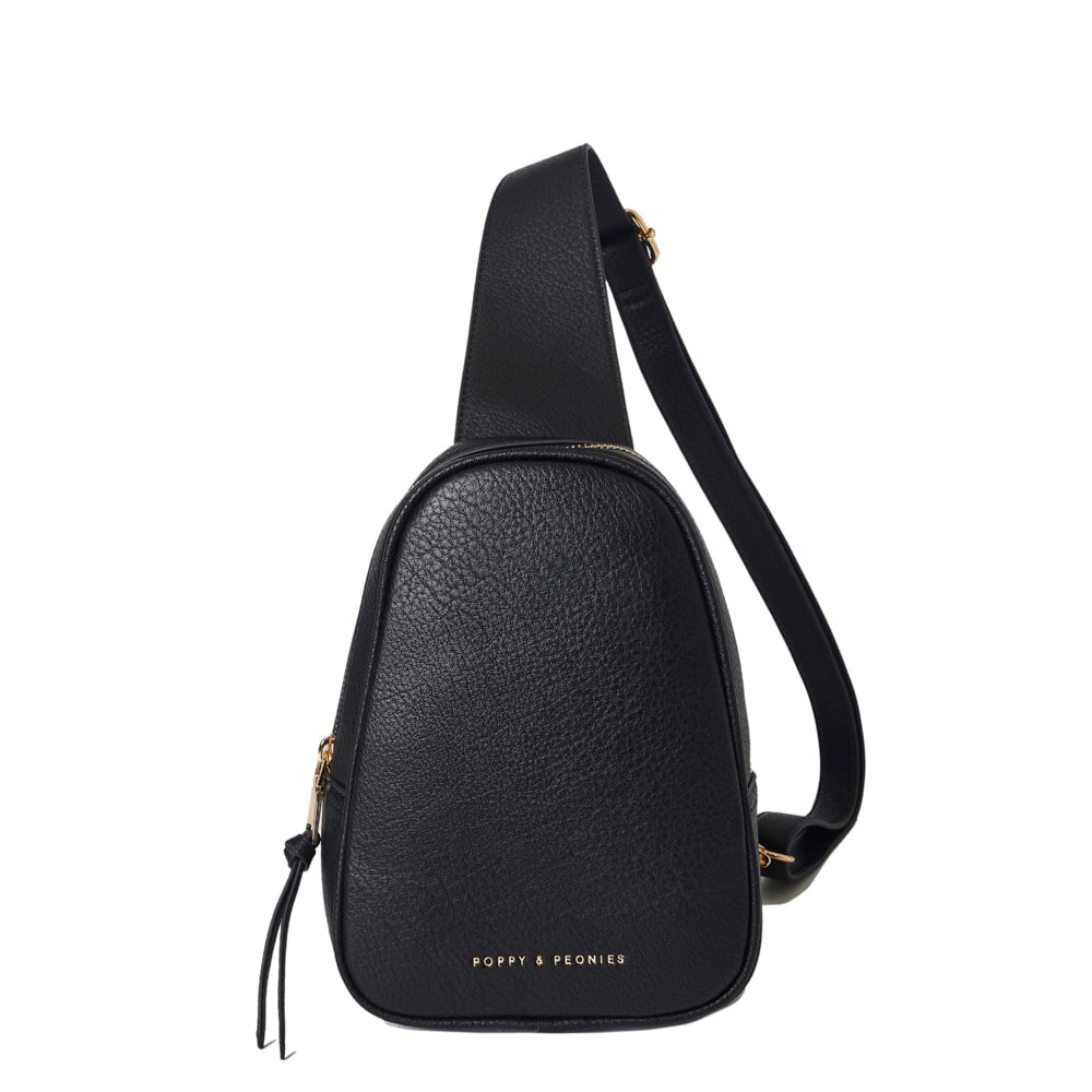 Black Leather Crossbody Bag with Debossed Poppy