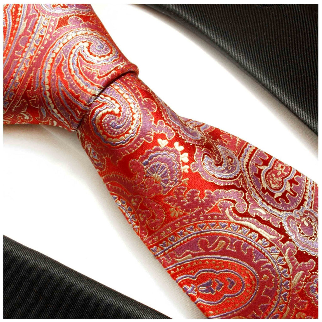 Silk Necktie Set by Paul Malone . Red, Blue and Gold Paisley