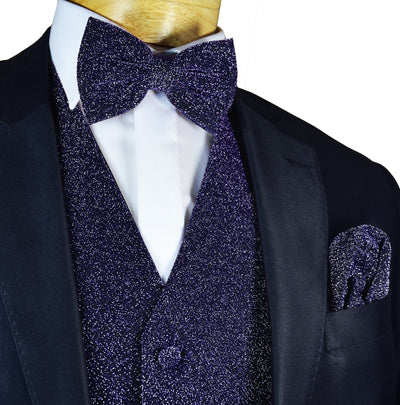 Glitter Tuxedo Vest and Bow Tie Set in Black | Paul Malone