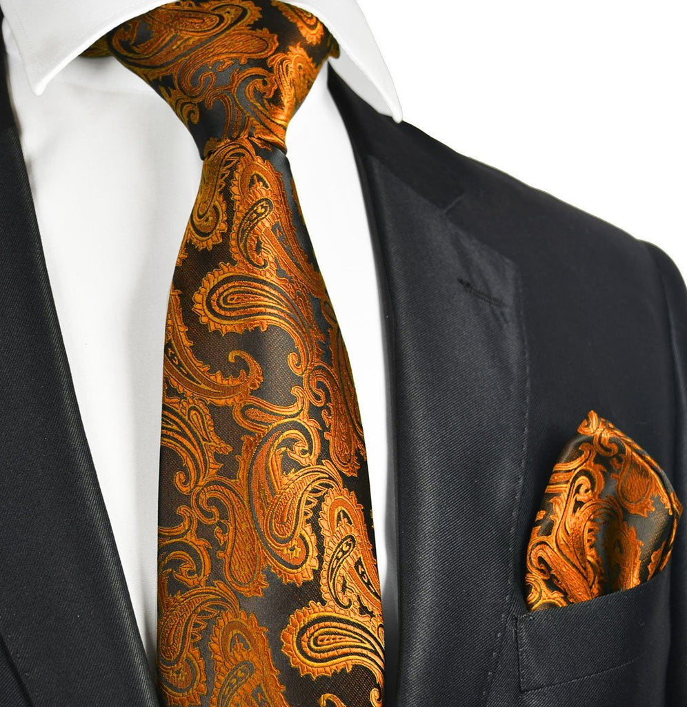 Orange and brown paisley pattern silk and cotton thin suspenders and tie set