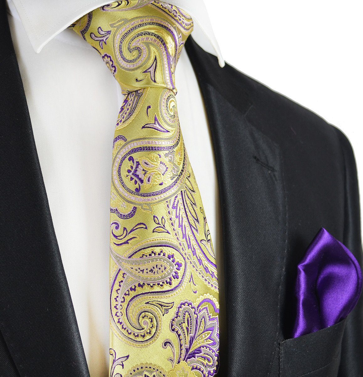 Gold and Purple Paisley 7-fold Silk Tie Set | Paul Malone