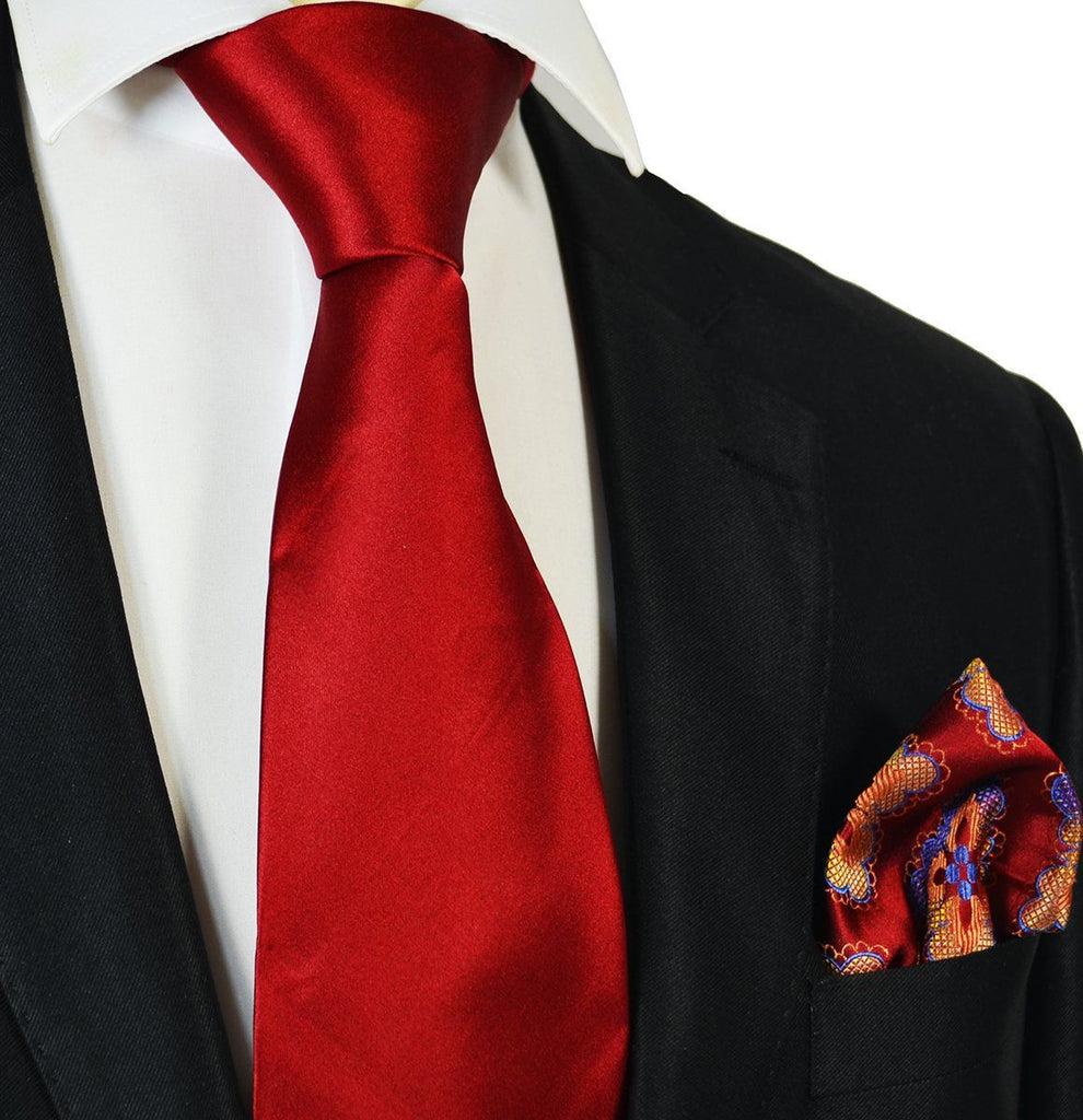 Solid True Red Big Knot Silk Tie with Reversible Pocket Square – Paul ...