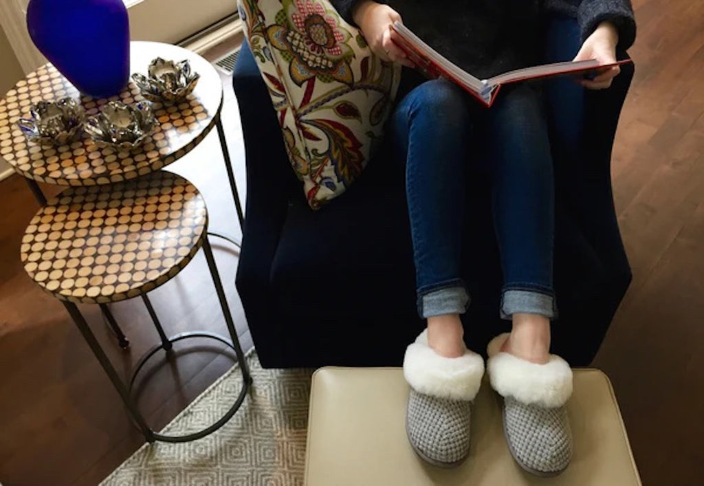 Alexa Grey slippers woman reading book