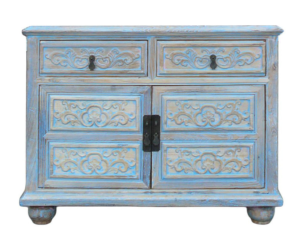 Oriental Floral Shabby Chic Rustic Light Blue High Credenza