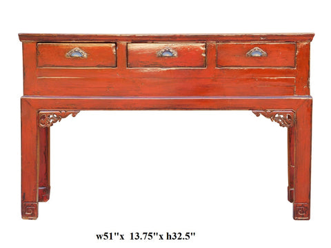 Chinese Distressed Red 3 Drawers Side Pedestal Console Table