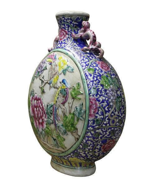 Chinese Oriental Purple Blue Dimensional Flower Bird Flat Vase cs2471S