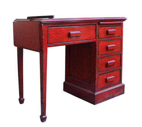 Chinese Distressed Red Writing Desk With Side Flip Up Slide Table