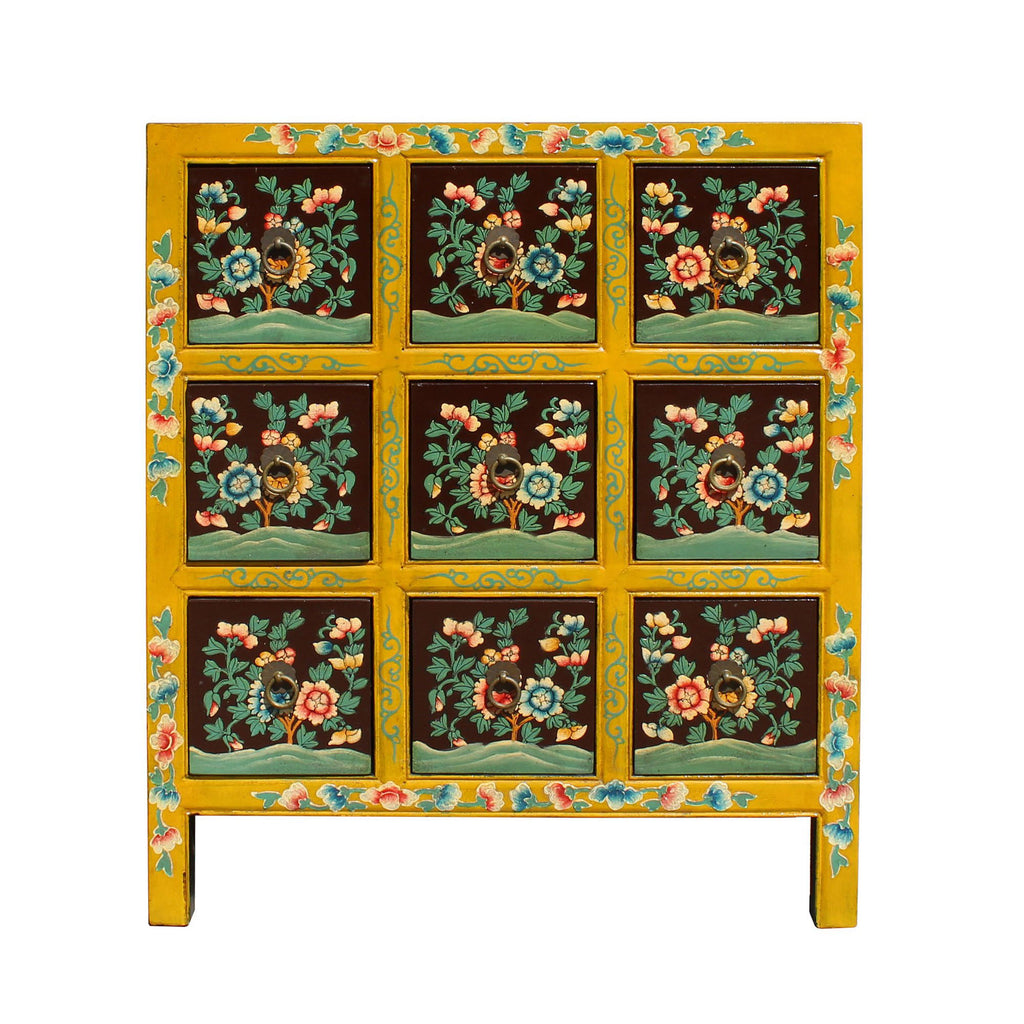 Chinese Oriental Distressed Yellow Brown Flower 9 Drawers End