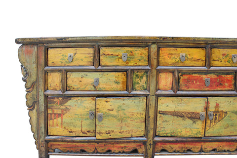 Chinese Distressed Light Green Yellow Long Sideboard Console Table