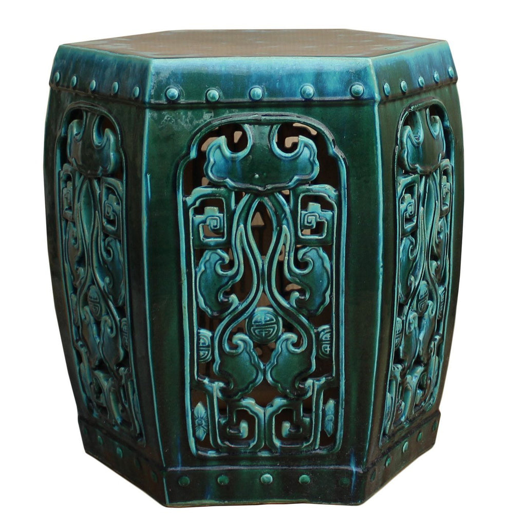Ceramic Clay Green Turquoise Glaze Hexagon Motif Garden Stool