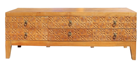 Light Wood Stain Geometric Relief Carving Low Dresser Drawers