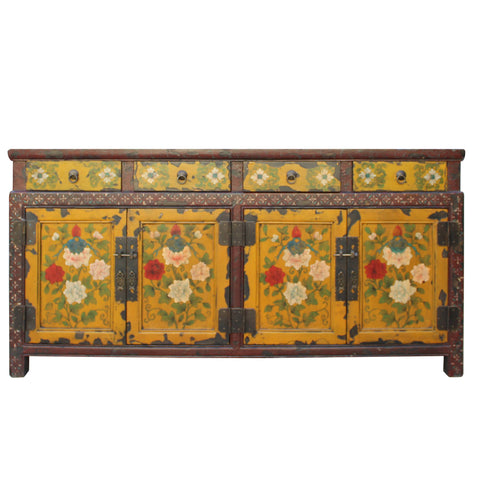 Chinese Distressed Yellow Red Floral Graphic Low Console Table