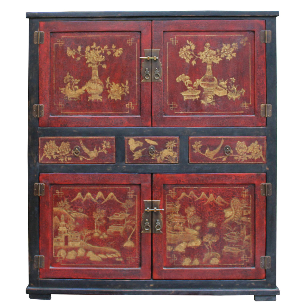 Chinese Fujian Black Red Golden Graphic Armoire Storage Cabinet
