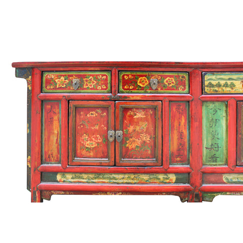 Chinese Distressed Red Flower Graphic Tv Console Credenza Cabinet