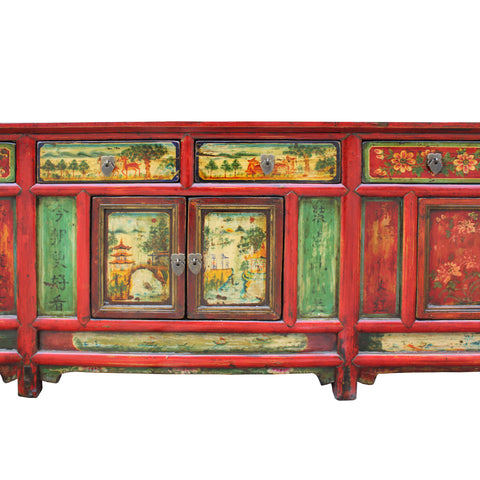 Chinese Distressed Red Flower Graphic Tv Console Credenza Cabinet