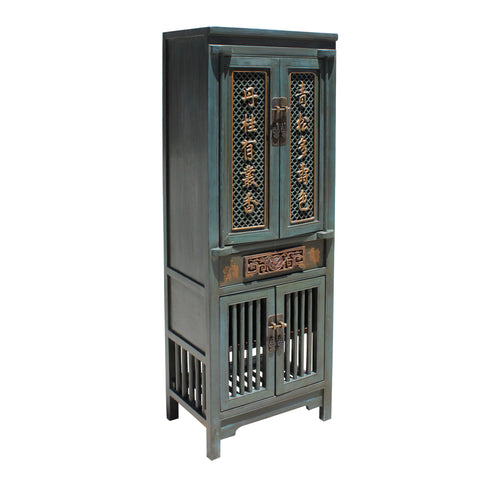 Chinese Distressed Teal Gray Blue Narrow Wood Carving Storage