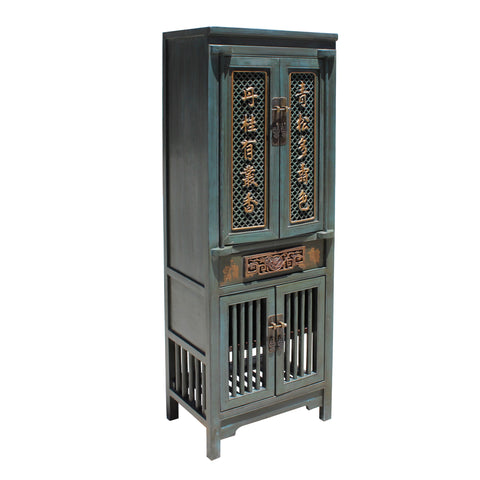 Chinese Distressed Teal Gray Blue Narrow Wood Carving Storage Cabinet Golden Lotus Antiques