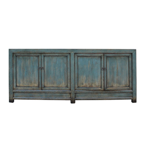 Chinese Distressed Teal Blue Lacquer Tall Long Tv Console Cabinet